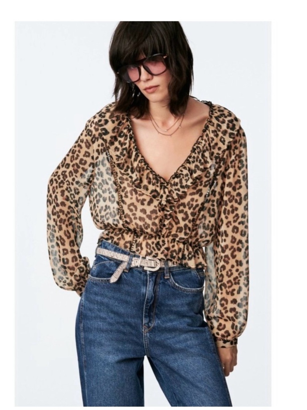 Zara sheer leopard animal print top NWT